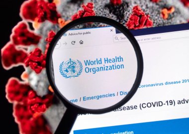 Montreal, Kanada - 11 Mart 2020: Coronavirus resmi üzerinde Dünya Sağlık Örgütü logosu. Coronavirus hastalığı 2019 Covid-19, Coronavirus sendromunun yol açtığı bulaşıcı bir hastalıktır..