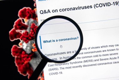 Montreal, Kanada - 11 Mart 2020: Coronavirus 'un Who sitesindeki açıklaması nedir? Coronavirus hastalığı 2019 Covid-19 şiddetli akut solunum sendromu koronavirüsü kaynaklı bulaşıcı bir hastalıktır..