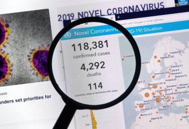 Montreal, Kanada - 11 Mart 2020: Coronavirus Covid-19 vakaları ve ölüm sayıları. Coronavirus hastalığı 2019 Covid-19 şiddetli akut solunum sendromu koronavirüsü kaynaklı bulaşıcı bir hastalıktır..