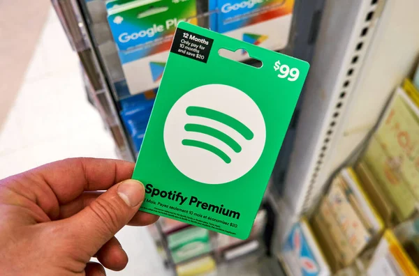 Μόντρεαλ Καναδάς Μαρτίου 2020 Spotify Πράσινη Δωροκάρτα Ένα Χέρι Στο — Φωτογραφία Αρχείου