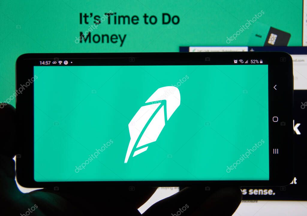 Montreal, Canada - March 08, 2020: Robinhood app and logo on screen. Robinhood financial services company. The company offers mobile app and website that offers people the ability to invest in stocks