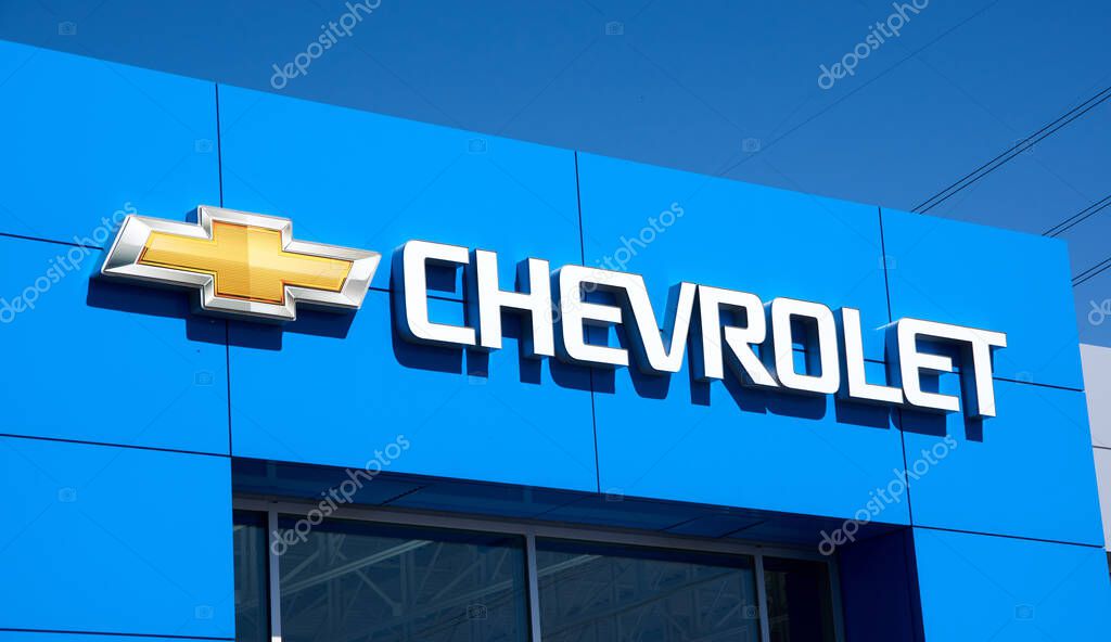 Montreal, Canada - April 4, 2020: Chevrolet writing and logo on dealership. Chevrolet is one of the most popular and recognizable automotive brands in the US. Chevrolet is a division of General Motors