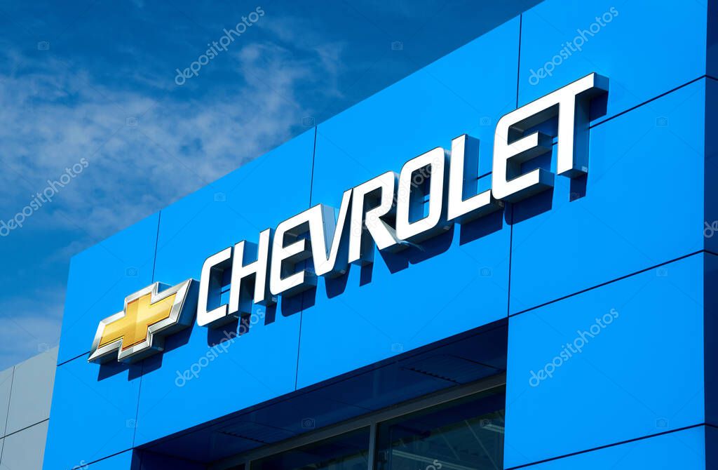 Montreal, Canada - April 4, 2020: Chevrolet writing and logo on dealership. Chevrolet is one of the most popular and recognizable automotive brands in the US. Chevrolet is a division of General Motors