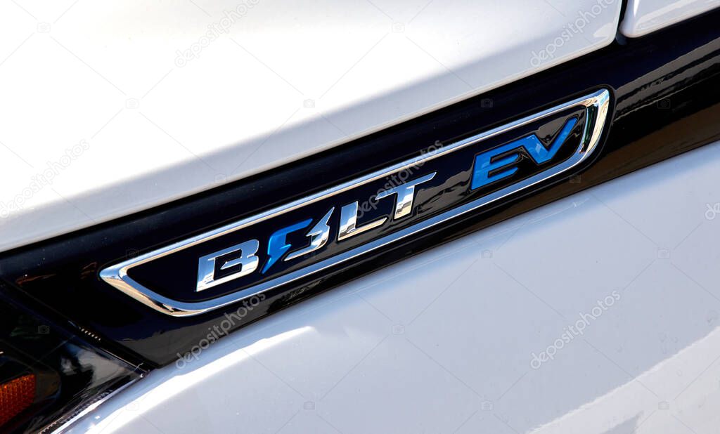 Montreal, Canada - April 4, 2020: Chevrolet Bolt EV electric car. Chevrolet is one of the most popular and recognizable automotive brands in the US. Chevrolet is a division of General Motors