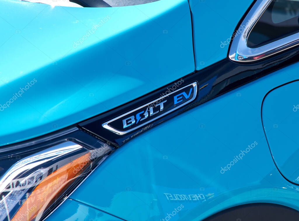 Montreal, Canada - April 4, 2020: Chevrolet Bolt EV electric car. Chevrolet is one of the most popular and recognizable automotive brands in the US. Chevrolet is a division of General Motors