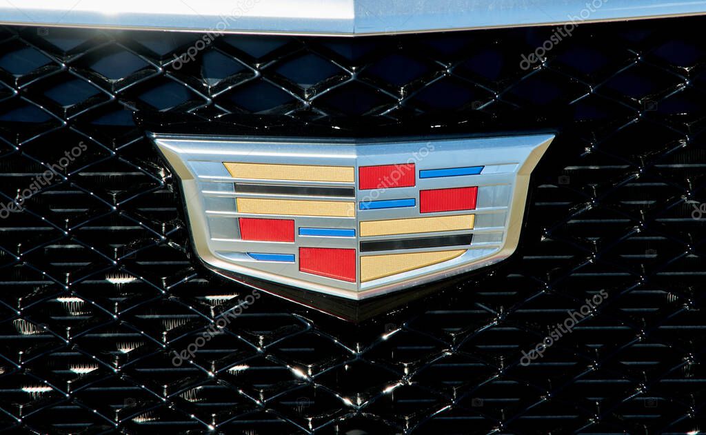Montreal, Canada - April 4, 2020: Cadillac logo sign close-up. Cadillac is a division of American automobile manufacturer General Motors GM that designs and builds luxury vehicles.