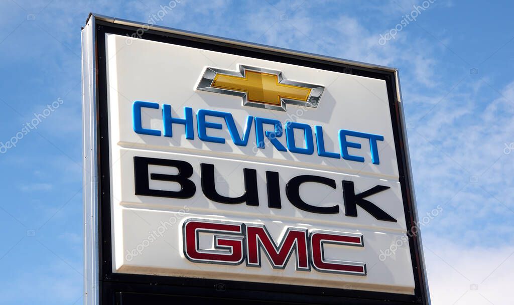 Montreal, Canada - April 4, 2020: Chevrolet Buick and GMC sign at dealership. They are most popular and recognizable automotive brands in the US. Chevrolet Buick and GMC is division of General Motors