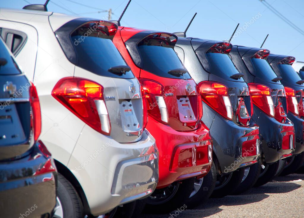 Montreal, Canada - April 4, 2020: Chevrolet Spark cars in a line. Chevrolet is one of the most popular and recognizable automotive brands in the US. Chevrolet is a division of General Motors