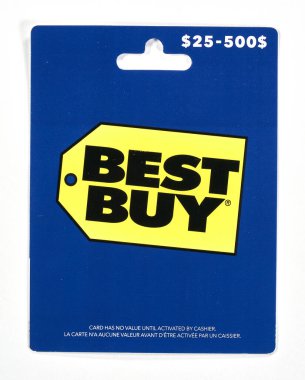 Montreal, Kanada - 6 Nisan 2020: beyaz arka planda Bestbuy hediye kartı. Best Buy, merkezi Richfield, Minnesota 'da bulunan çok uluslu tüketici elektroniği perakendecisi..