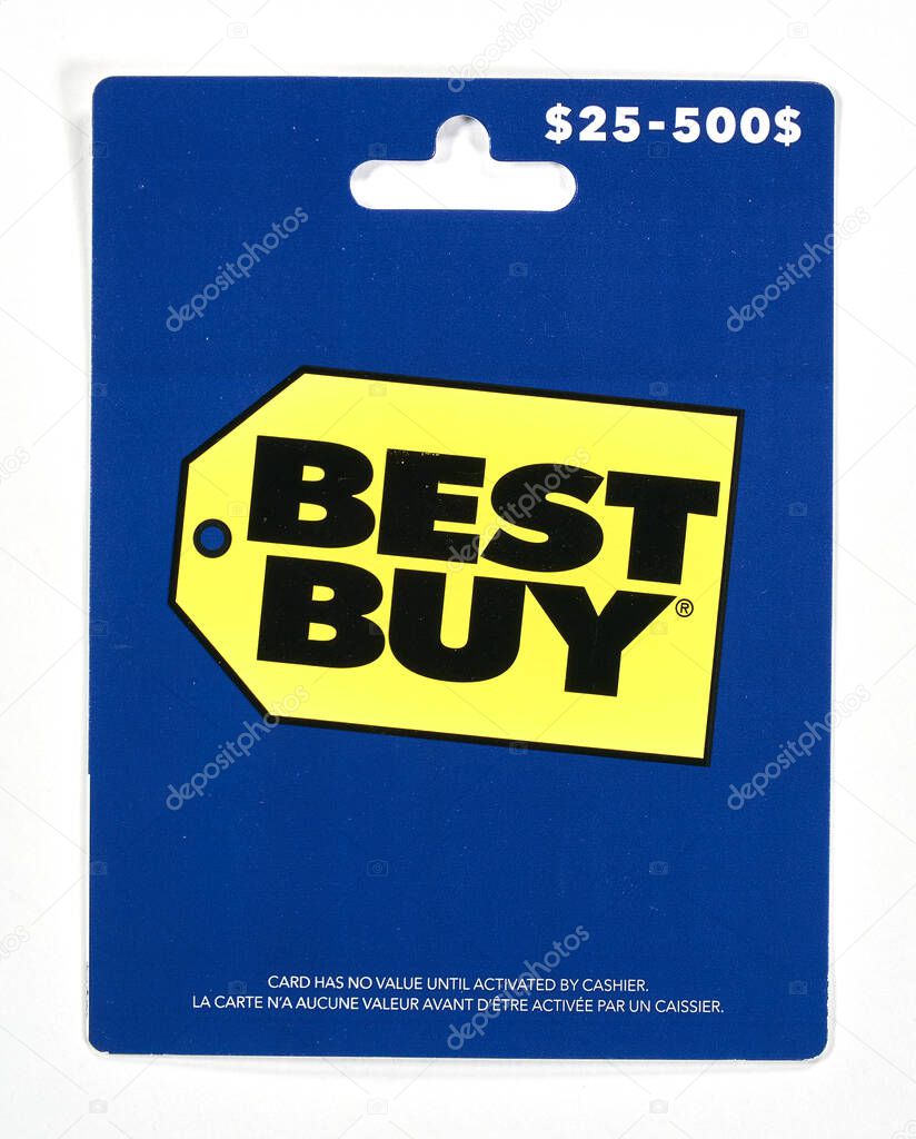 Montreal, Canada - April 6, 2020: Bestbuy gift card on a white background. Best Buy is an American multinational consumer electronics retailer headquartered in Richfield, Minnesota.