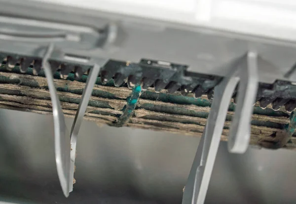 Mold and dust inside of air conditioner, close up picture, selective focus. — Stock Photo, Image