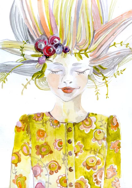 長い髪の花を持つ女の子の水彩肖像画 — ストック写真