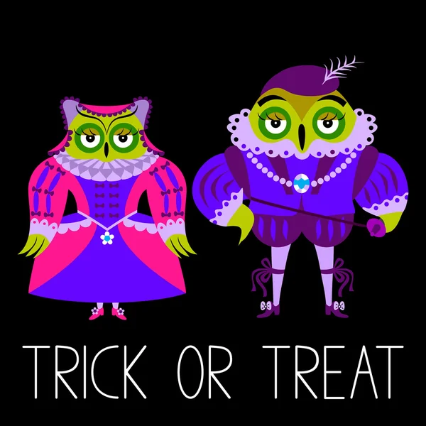 16. yüzyıl stilize moda Cadılar Bayramı kostümleri iki sevimli kuş kılığında. Vektör.