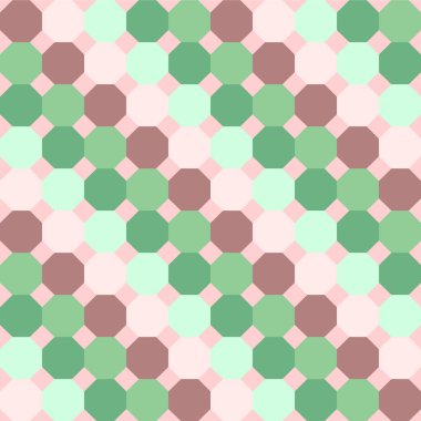 Kahverengi, pembe ve yeşil renklerde düzenli sekizgenler ile sorunsuz çapraz kalıbı. Vektör.