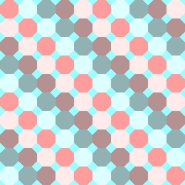 Kahverengi, mercan, pembe, mavi ve yeşil renklerde düzenli sekizgenler ile sorunsuz çapraz kalıbı. Vektör.