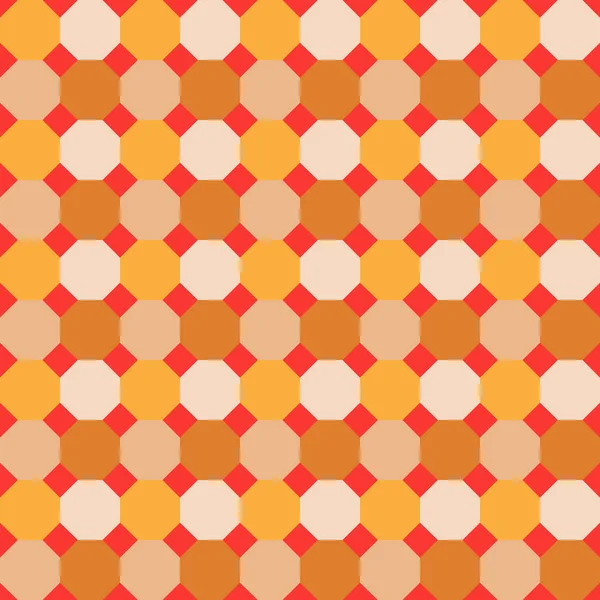 Seamless geometric pattern with regular octagons in beige and golden colors on the red background. Vector. — Stock Vector