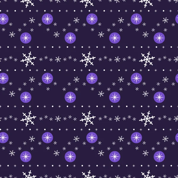 Padrão sem costura com flocos de neve e estrelas no fundo roxo escuro. Bom para design de férias. Vetor . — Vetor de Stock