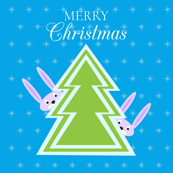 Çam ağacı ve iki sevimli tavşan ile Noel kartı. Noel Yılbaşı banner. Vektör.