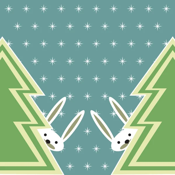 두 개의 귀여운 토끼와 소나무 벡터 휴가 배경. — 스톡 벡터