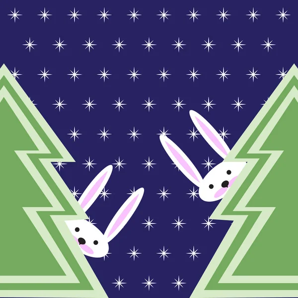 İki sevimli tavşan ve çam ağaçları ile vektör tatil parlak arka plan.