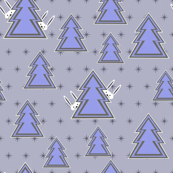 Dikişsiz desen iğne yapraklı ağaçlar ve tavşan saklambaç oynayalım. Kış orman ile Seamless Modeli gri, beyaz ve mavi renklerde manzara. Vektör.