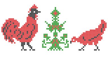 Horoz ve tavuk tarafından stilize güzel ağaç. Beyaz arka plan üzerinde renkli siluet. Çapraz dikiş düzeni için. İpler şeması. Vektör.