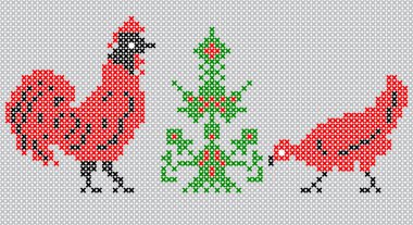 Horoz ve tavuk tarafından stilize güzel ağaç. Beyaz arka plan üzerinde renkli siluet. Çapraz dikiş düzeni için. İpler şeması. Vektör.