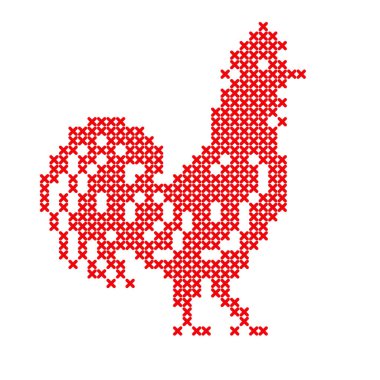 Beyaz zemin üzerine kırmızı horoz. Çapraz dikiş düzeni için. İpler şeması. Vektör.