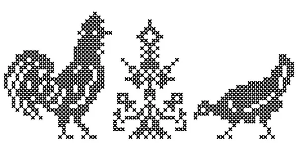 Horoz ve tavuk tarafından stilize güzel ağaç. Beyaz arka planda siyah siluet. Çapraz dikiş düzeni için. İpler şeması. Vektör.