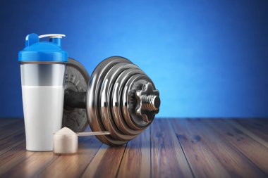 Dumbbell ve peynir altı suyu protein shaker. Spor vücut geliştirme ek