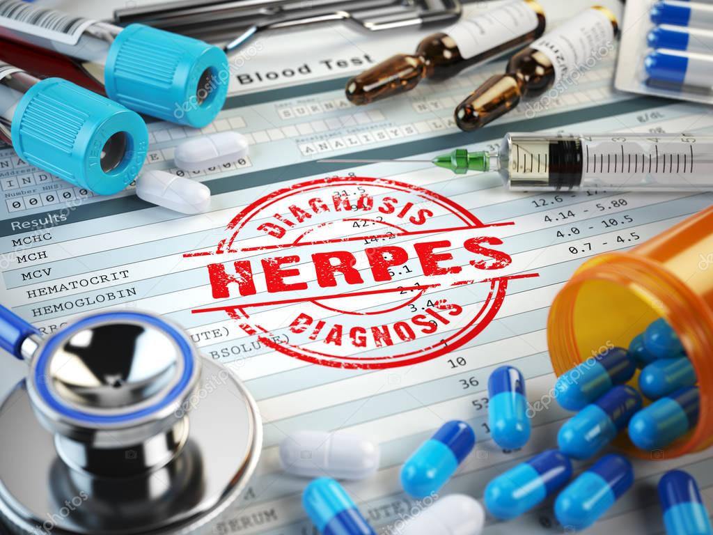 Herpes diagnosis. Stamp, stethoscope, syringe, blood test and pi