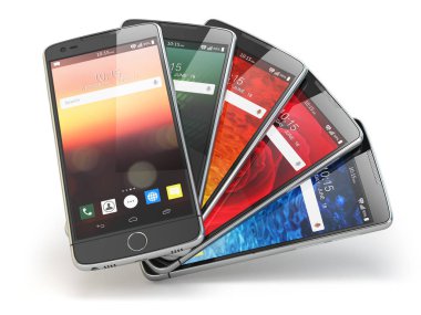 Akıllı telefonlar ile farklı ekranlar üzerinde beyaz izole. Mobil com