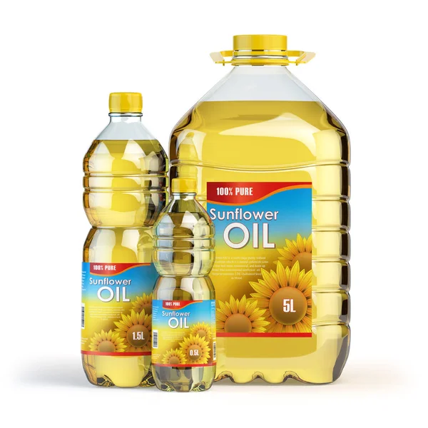 Slunečnicový olej v plastových lahvích izolovaných na bílém. — Stock fotografie