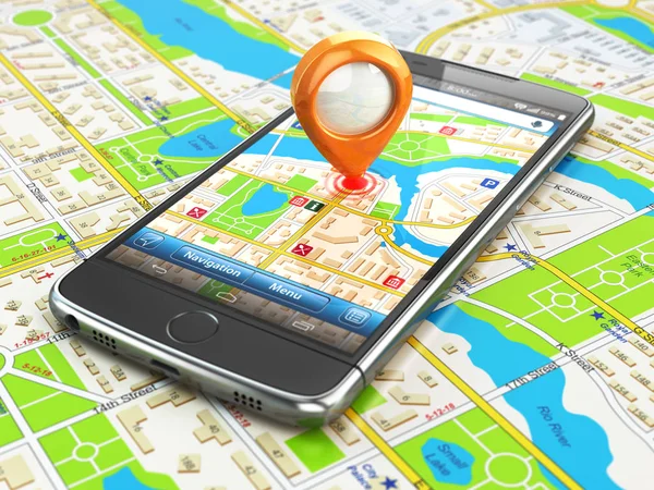 Mobile GPS navigazione concetto di viaggio. Smartphone con pin sulla città — Foto Stock