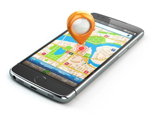 Mobile GPS navigation travel concept. Smartphonewith pin on city — Stock Photo, Image