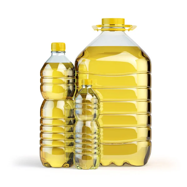 Óleo de girassol em garrafas de plástico isolado em branco. — Fotografia de Stock
