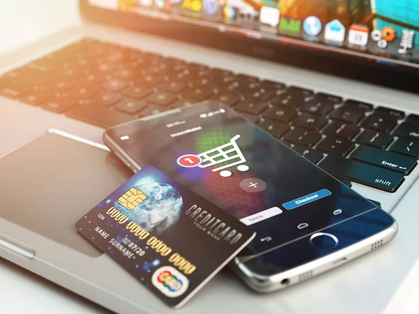Mobile banking eller online shopping koncept. Mobiltelefon och cred — Stockfoto