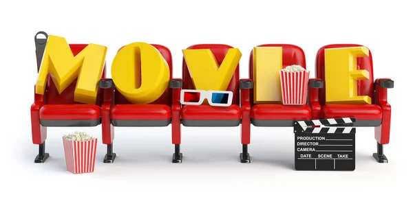 Mozi, film video koncepciója. Üléssor, popcorm, szemüveg — Stock Fotó