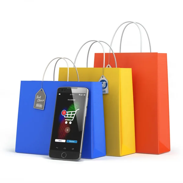 Conceito de compras online. Telefone celular ou smartphone com shoppin — Fotografia de Stock