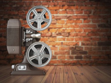 Vintage projektör tuğla zemin üzerine. Sinema, film veya vid