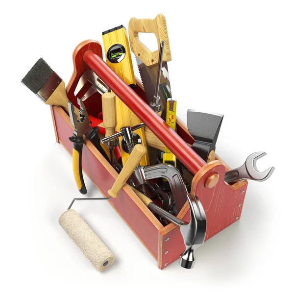 Wooden toolbox with tools isolated on white. Skrewdriver, hammer — Stock Photo, Image