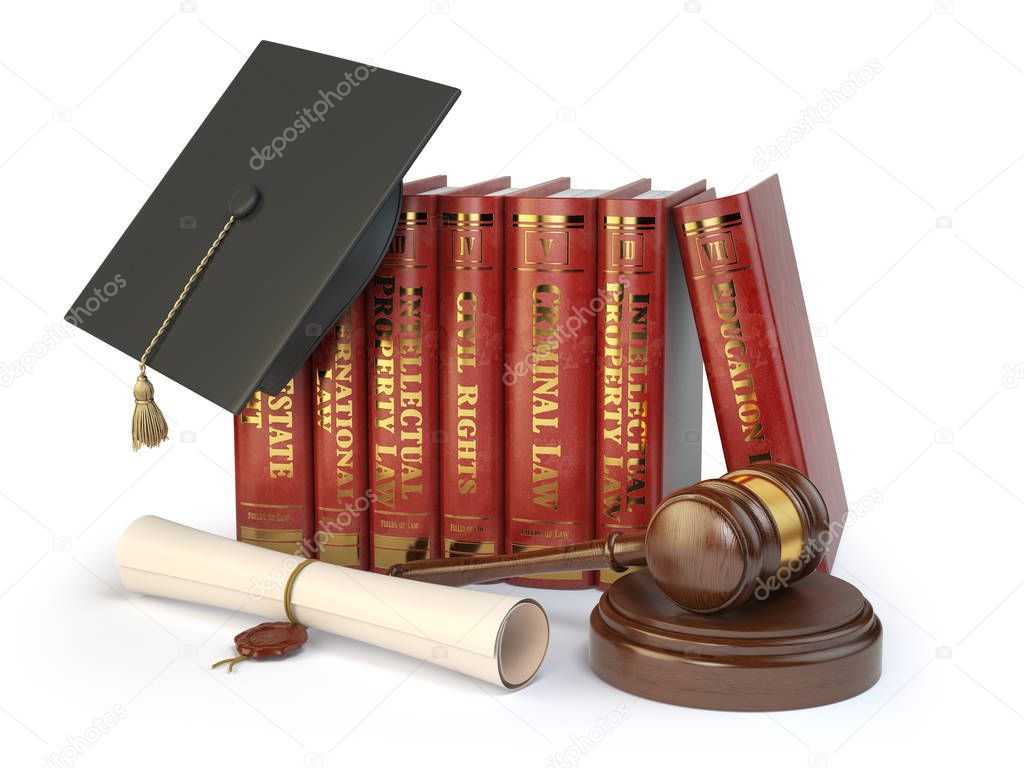 Justice, learning different fields of law concept. Books, gradua
