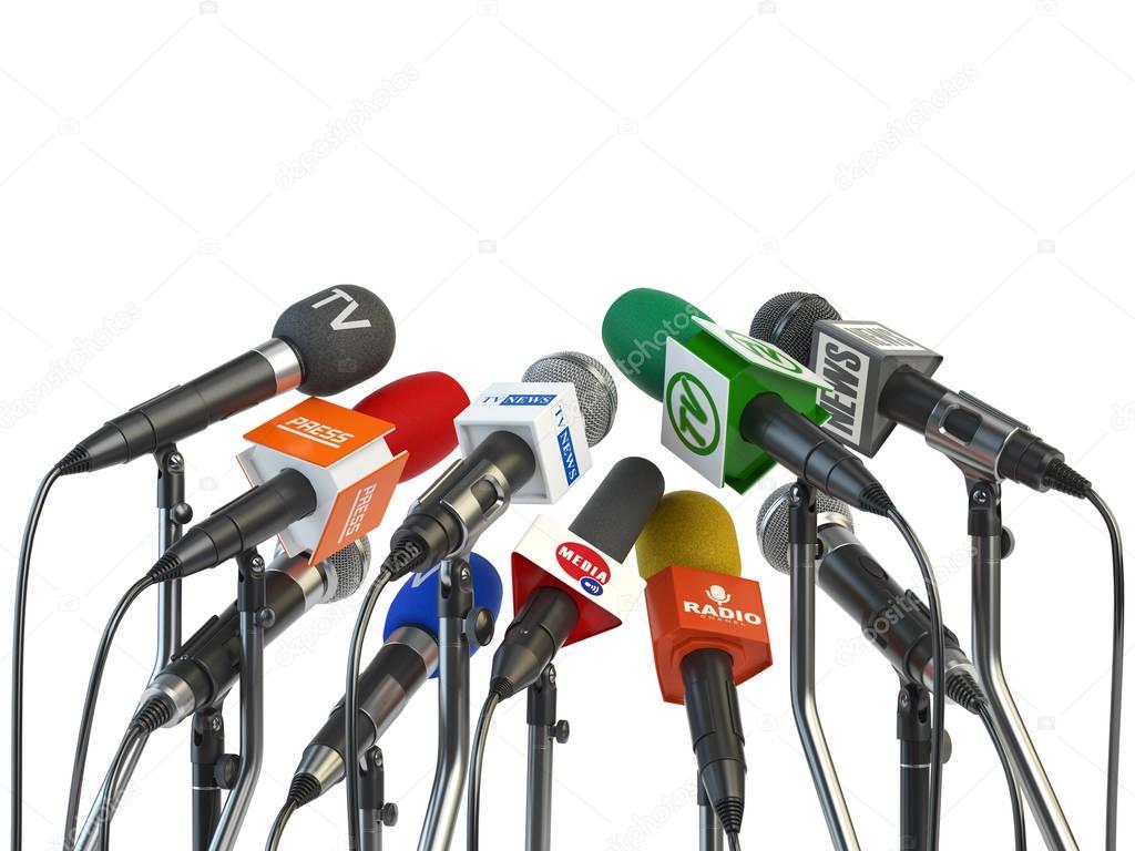 Microphones prepared for press conference or interview isolated 