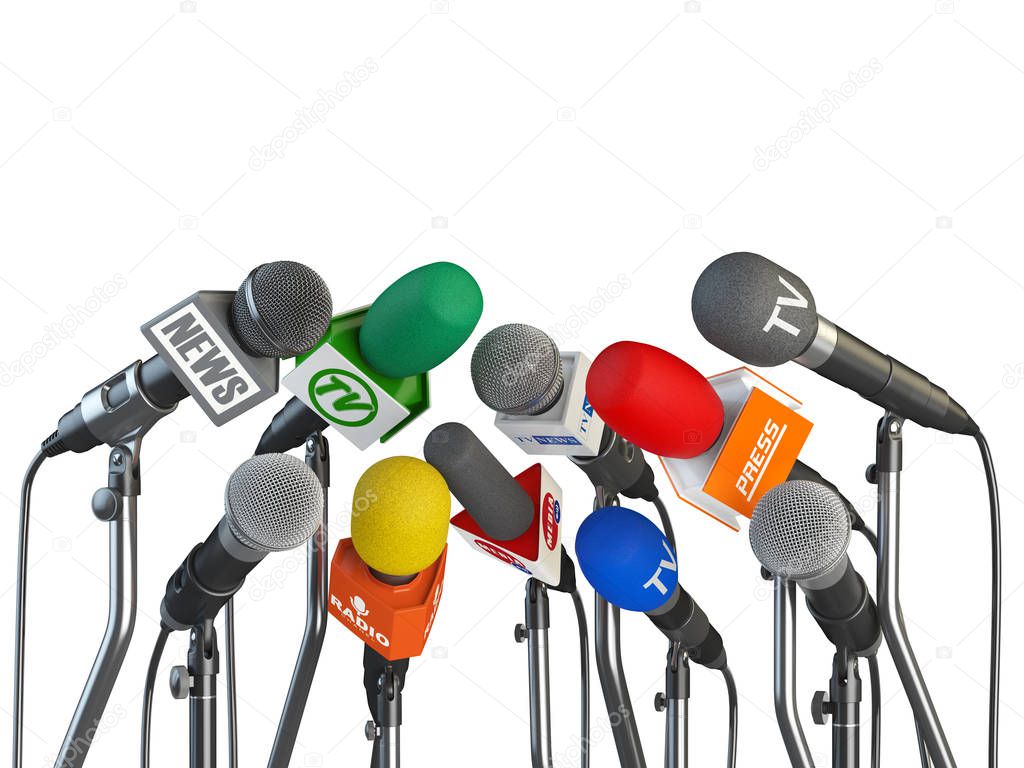 Microphones prepared for press conference or interview isolated 