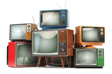 Retro Tv yığını üzerinde izole beyaz arka plan ayarlar. Haberleşme