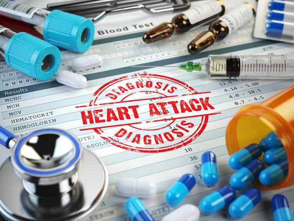 Diagnosi di infarto.. Timbro, stetoscopio, siringa, esame del sangue — Foto Stock