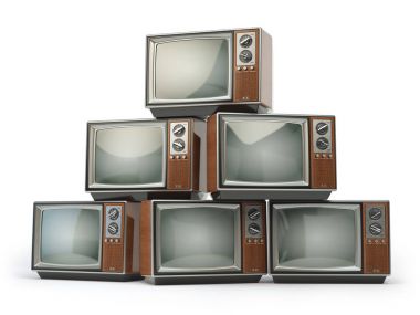 Retro Tv yığını üzerinde izole beyaz arka plan ayarlar. Haberleşme