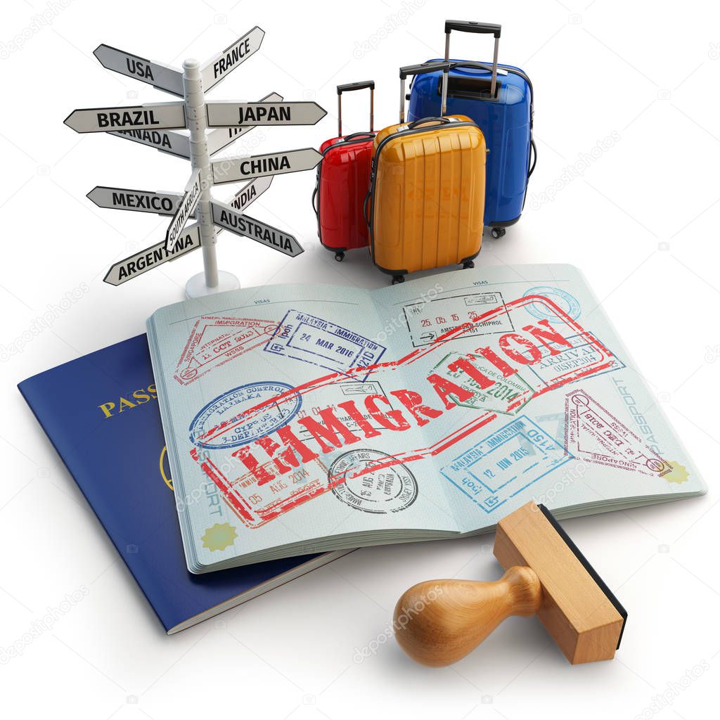 Immigration concept. Passport with stamps and visas, luggage and