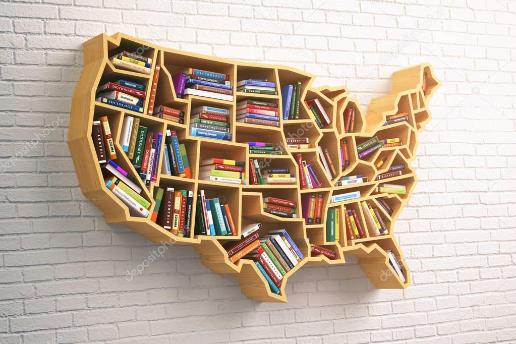 USA education or market of books concept. Book shelf  as map of 