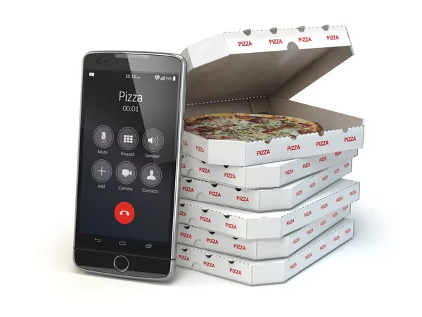Mobila pizza beställning och leverans av konceptet. Smartphone och pizza — Stockfoto